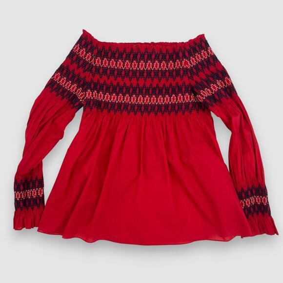 Maje Off-Shoulder Smocked Blouse Red Blue Embroidered Size Medium - Picture 2 of 6